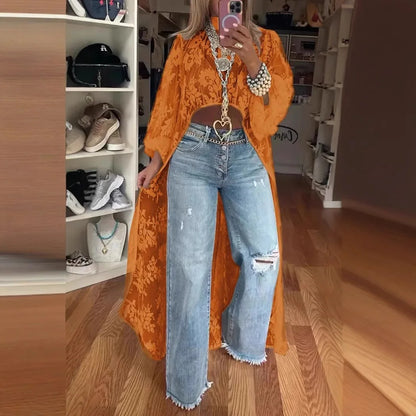 Vireous Lace Floral Extra-Long Shirt Top, High Neck Overwear