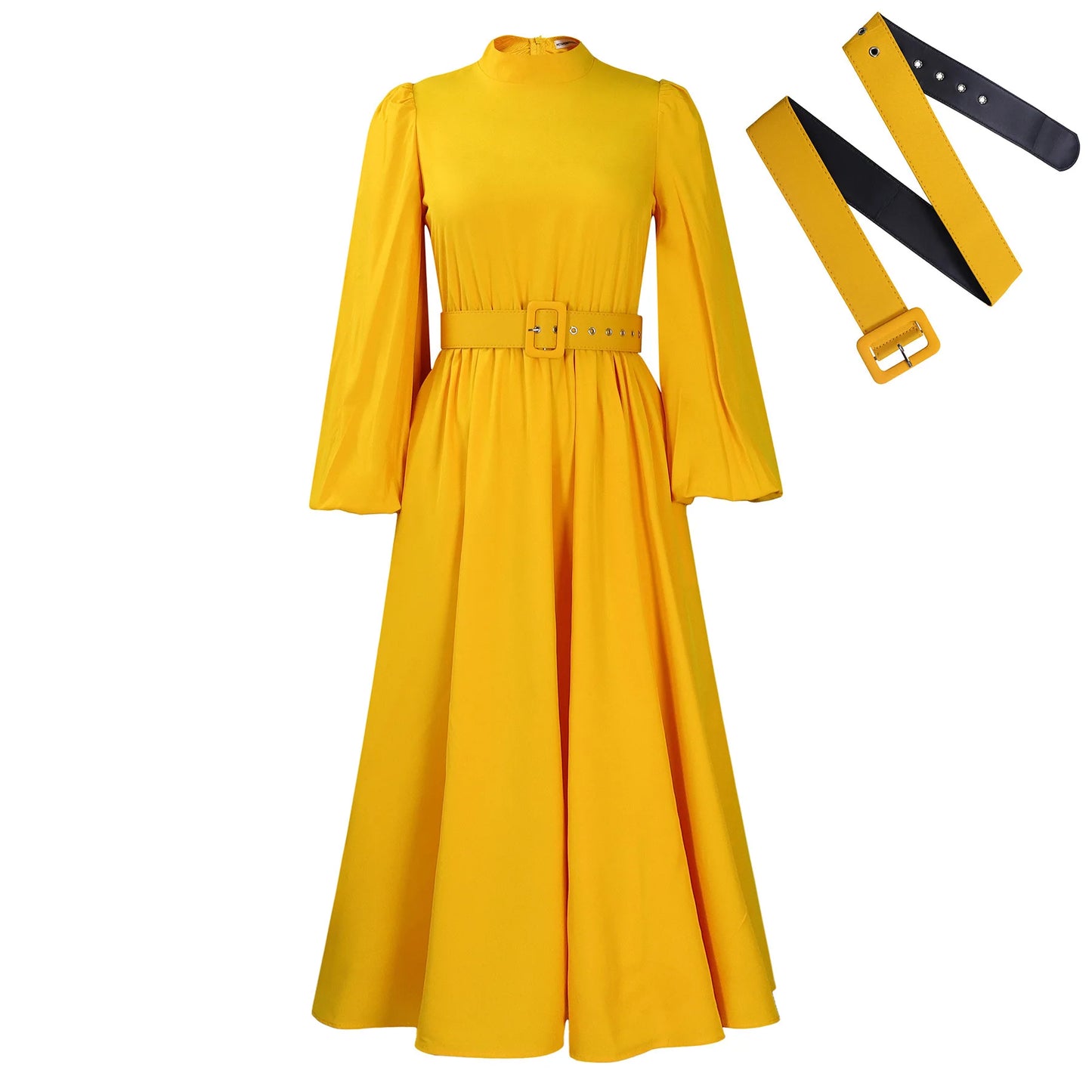 Vireous Elegant High-Neck Bubble Sleeve Midi Dress, Popping Colours