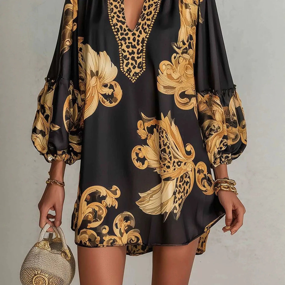 Vireous Black Gold Baroque Satin Mini Dress
