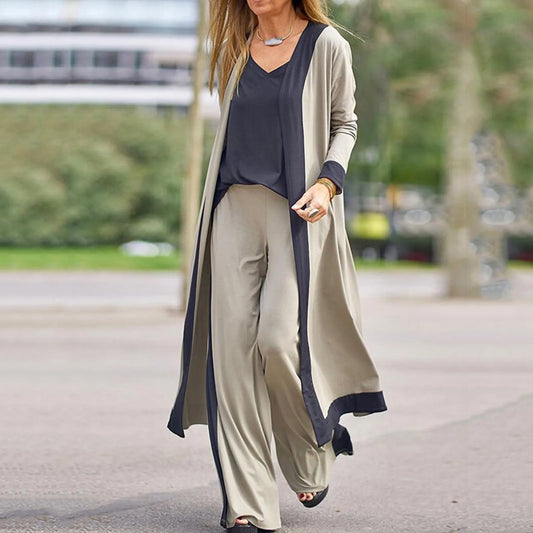 Vireous Three-Piece Women's Long Cardigan Suit with Wide Leg Pants
