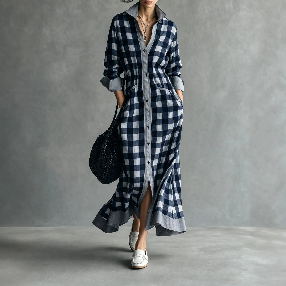 Vireous Bold Gingham Long Dress, Vacation Dress with Pockets