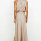 Vireous Summer Silk Satin Sleeveless Long Dress, Draped Bodice