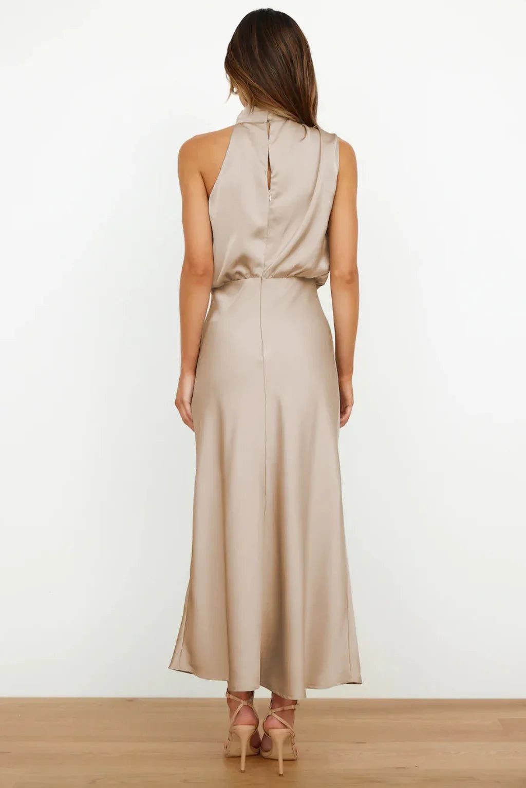 Vireous Summer Silk Satin Sleeveless Long Dress, Draped Bodice