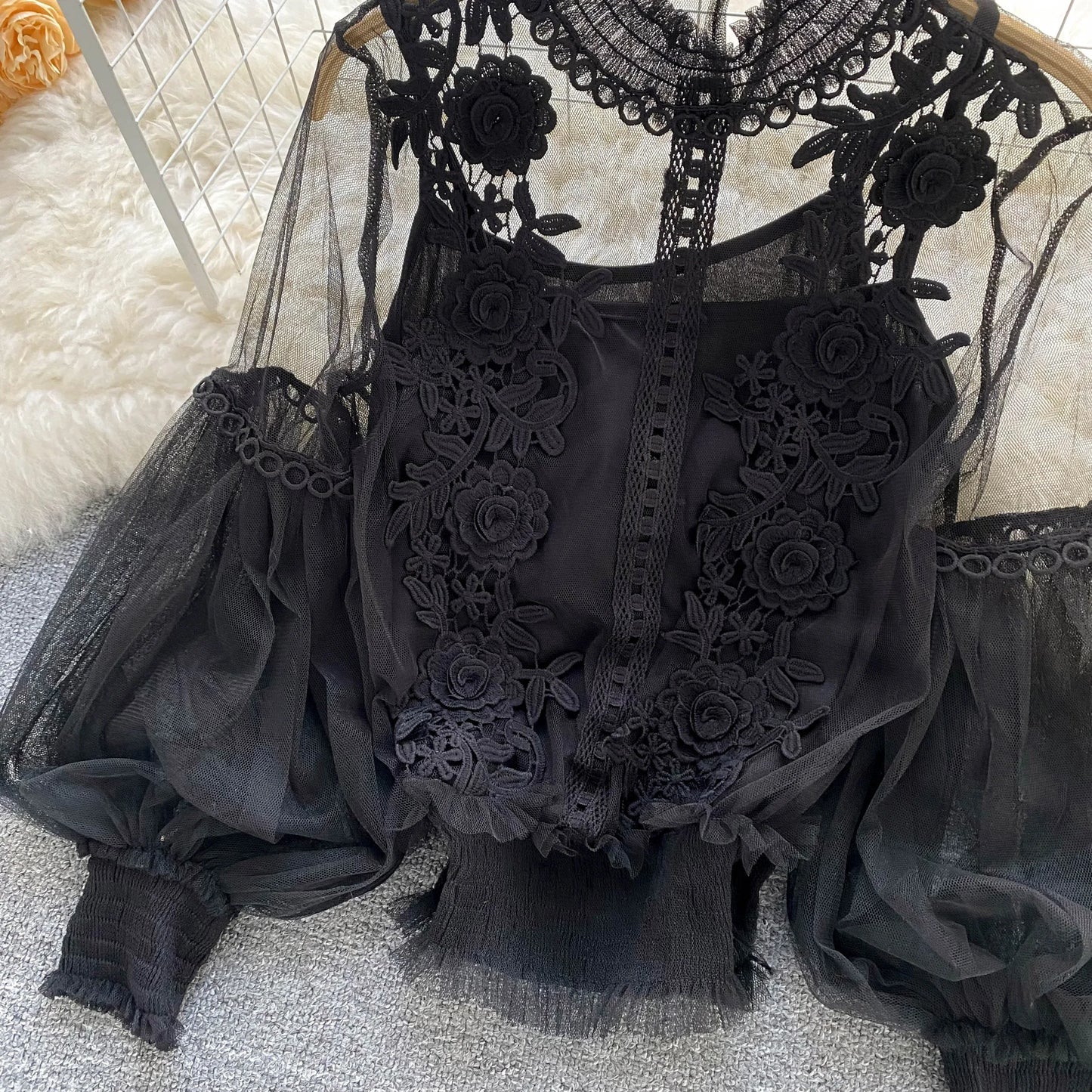 Lace See-Through Puff-Sleeve Vintage Fashion Blouse