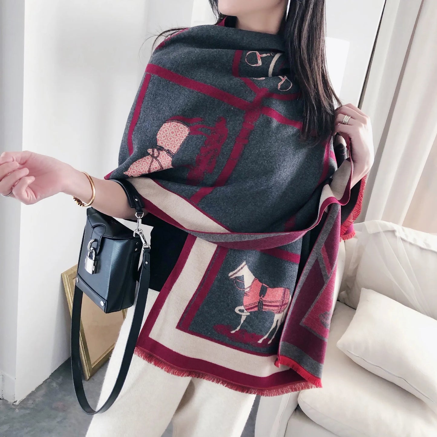 Extra-Large Cashmere Scarf, Equestrian-Print Blanket Wrap, Pashmina