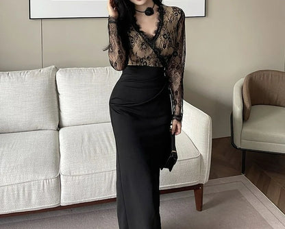 Dark Cross Black Lace Patchwork Long-Sleeve Dress