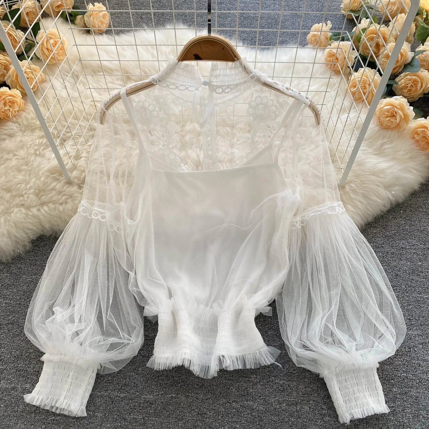 Lace See-Through Puff-Sleeve Vintage Fashion Blouse