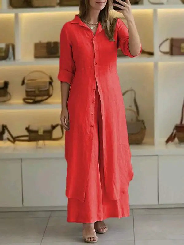 Elegant Lapel Single-Breasted Long Shirt and Wide-Leg Pants Suit
