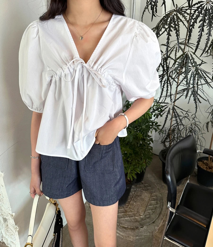 Puff Sleeve Women's Businesswear Casual Lace-Up Shirt