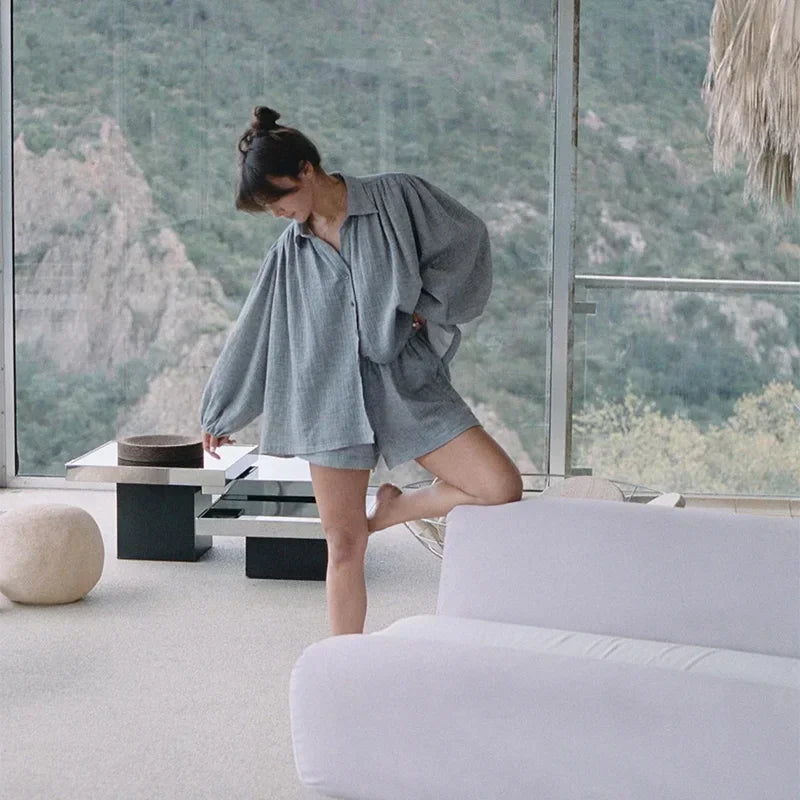 Cotton Linen Women's Two-Piece Summer Shorts Set, Plus Sizes