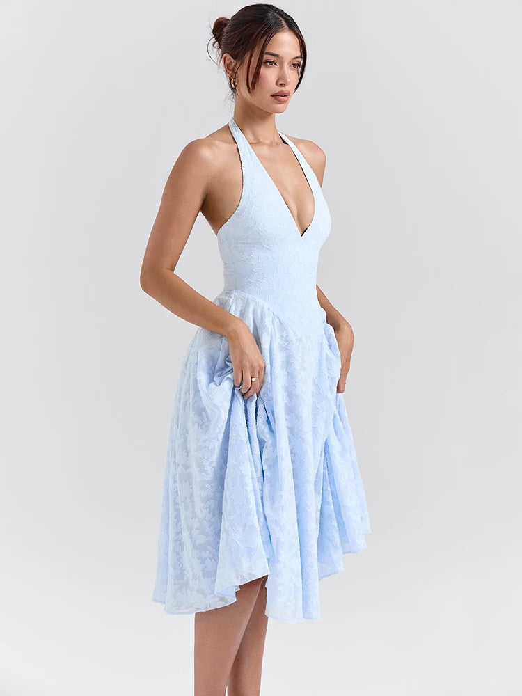 Vireous Deep Halter Sexy Maxi Dress