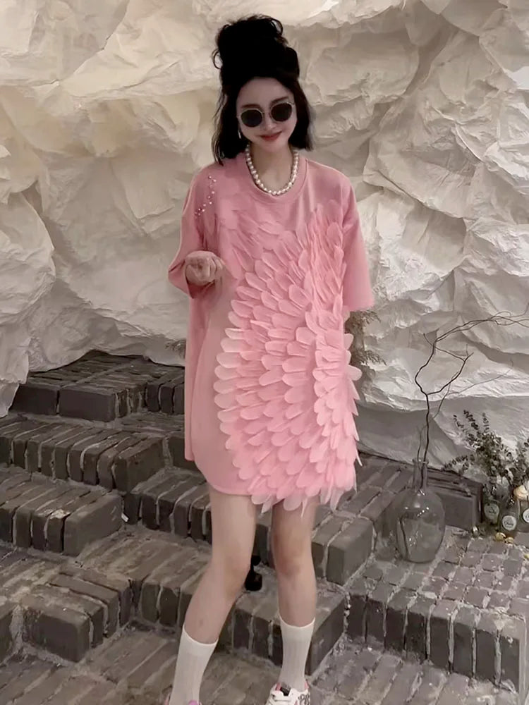 Loose Summer Glam Feather Short-Sleeve Women's Short Dress