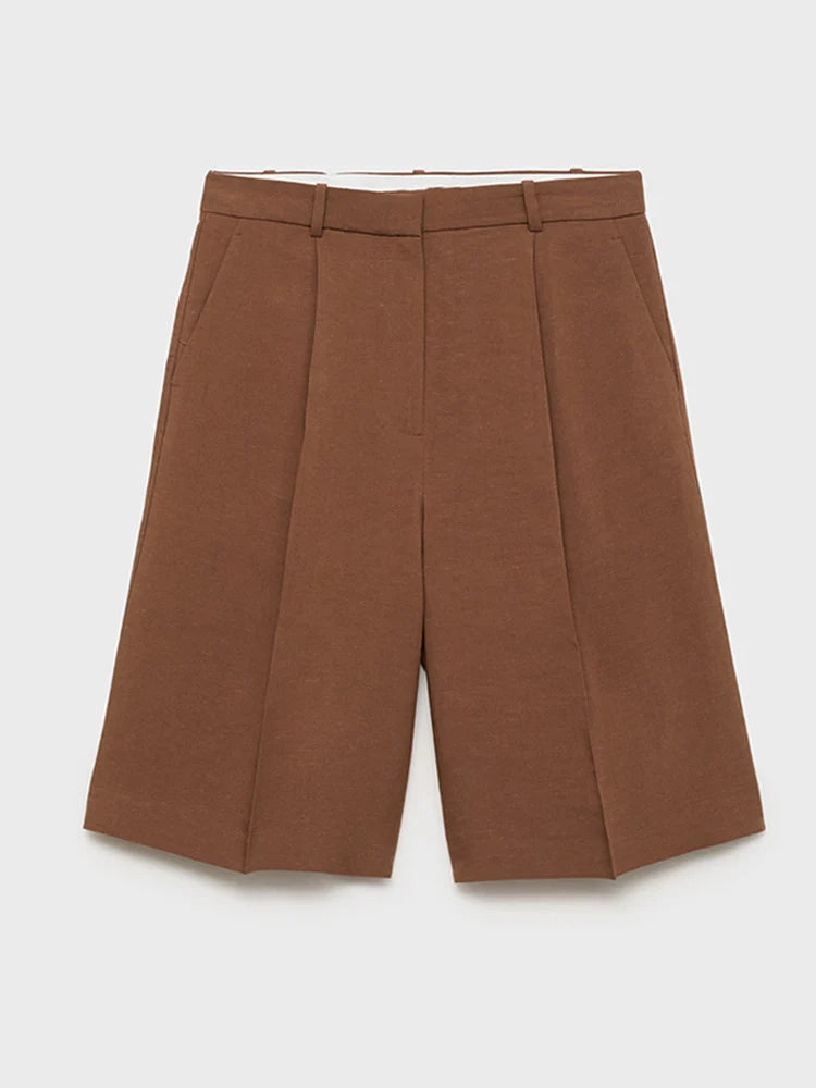 Cotton Linen Women's Belted Businesswear, Coffee Jacket and Shorts Two-Piece