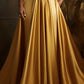 Plus-Size Formal Evening Gold Satin Dress, Elegant Tiered Bodice