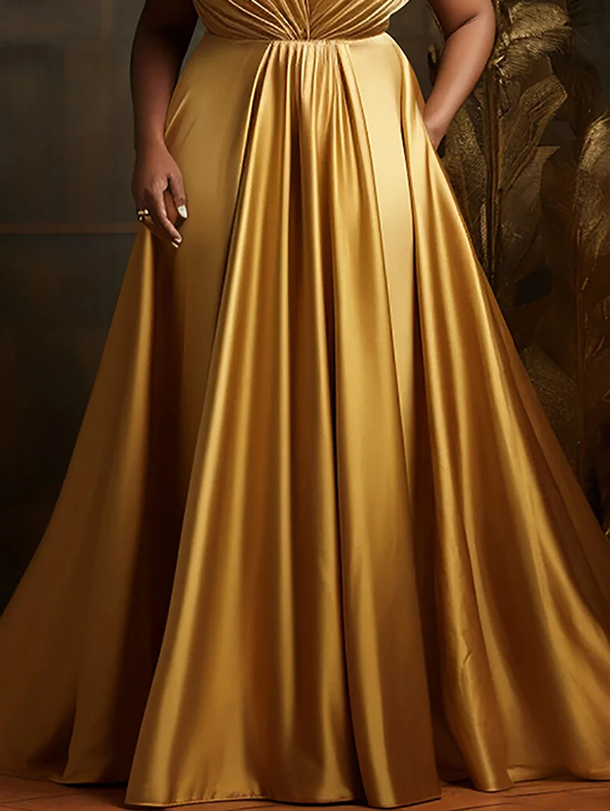 Plus-Size Formal Evening Gold Satin Dress, Elegant Tiered Bodice Vireous.Shop Plus-Size Formal Evening Gold Satin Dress, Elegant Tiered Bodice Vireous.Shop