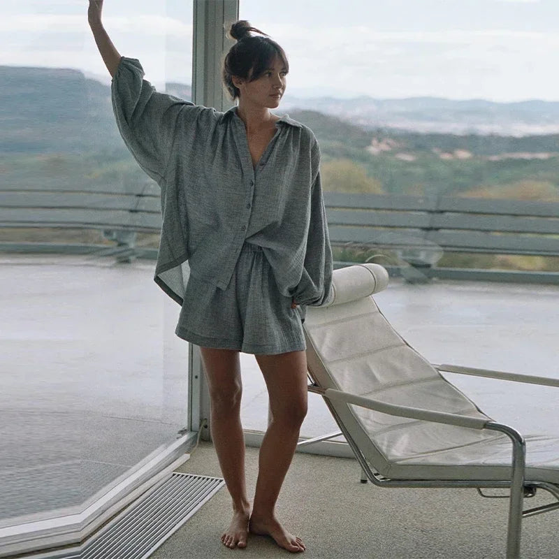 Cotton Linen Women's Two-Piece Summer Shorts Set, Plus Sizes