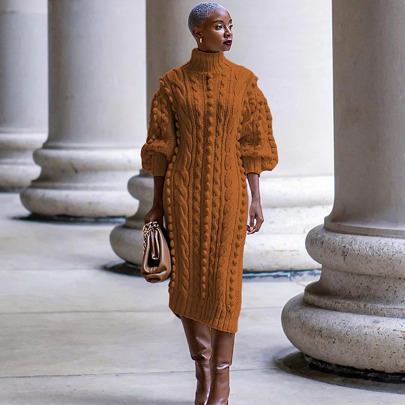 Streetwear Rib Knit Turtleneck Sweater Dress, Autumn and Winter Collection