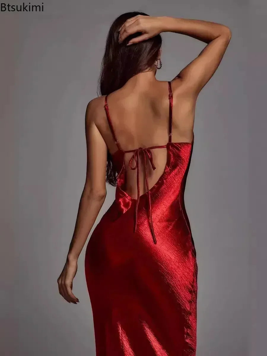 Metallic Gold Maxi Dress, Elegant Satin Backless Women's Gown