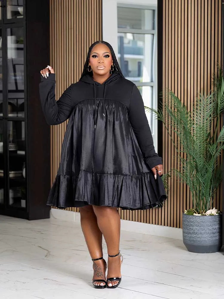 Plus-Size Preppy Hooded Casual Loose-Waist Dress