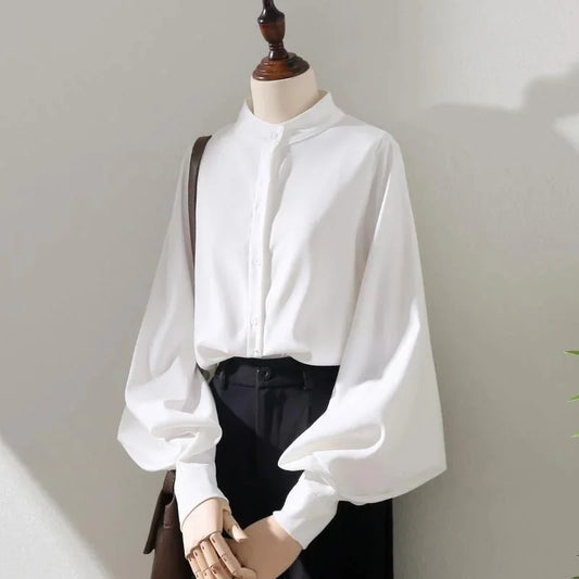 Vireous Lantern-Sleeve Stand Collar Businesswear Blouse, Spring and Autumn Style