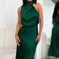 Vireous Summer Silk Satin Sleeveless Long Dress, Draped Bodice