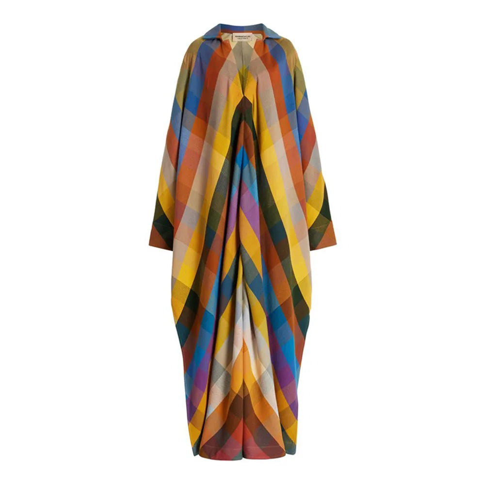 Vireous Long Sleeves Loose Geometric-Print Split-Side Maxi Dress