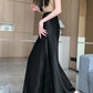 Vireous Satin Women's Long Skirt, Side Lace Patchwork