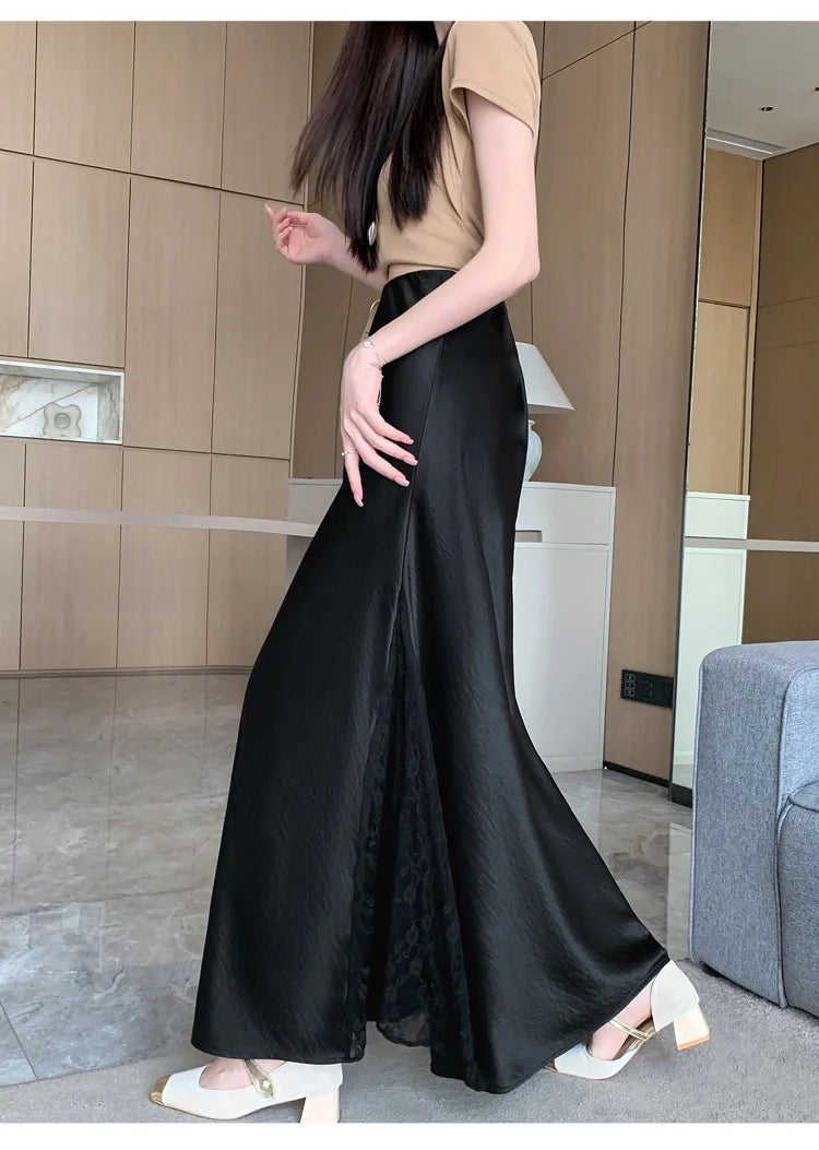 Vireous Satin Women's Long Skirt, Side Lace Patchwork