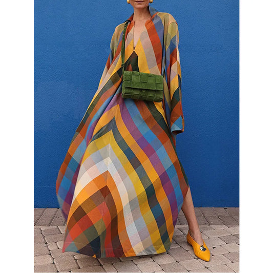 Vireous Long Sleeves Loose Geometric-Print Split-Side Maxi Dress