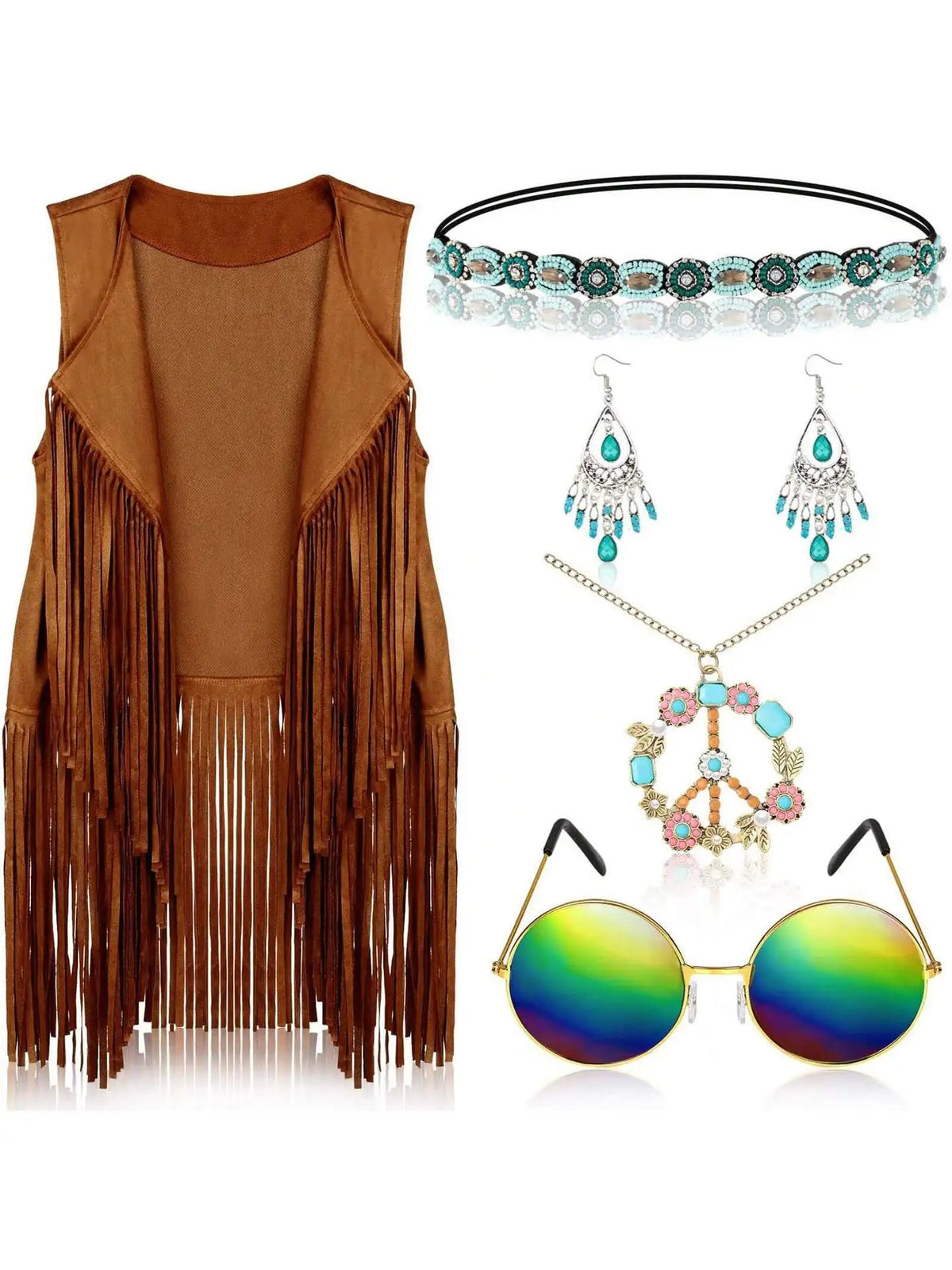 Complete Outfit, 60s 70s Hippie Disco Peace Love Costume with Cowgirl Vest Top