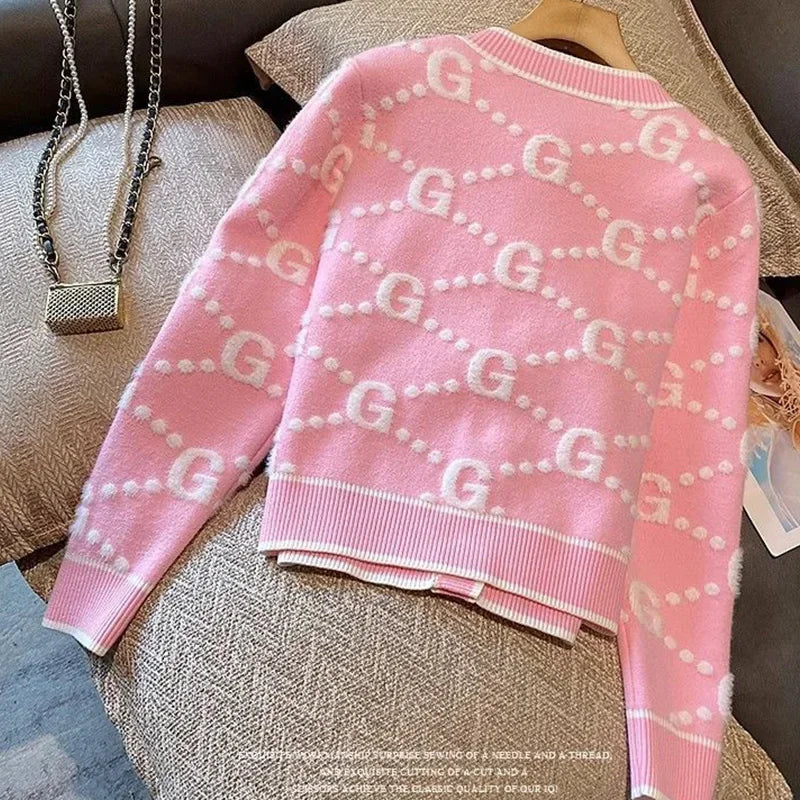 Pink Monogram Patchwork Women's Cardigan