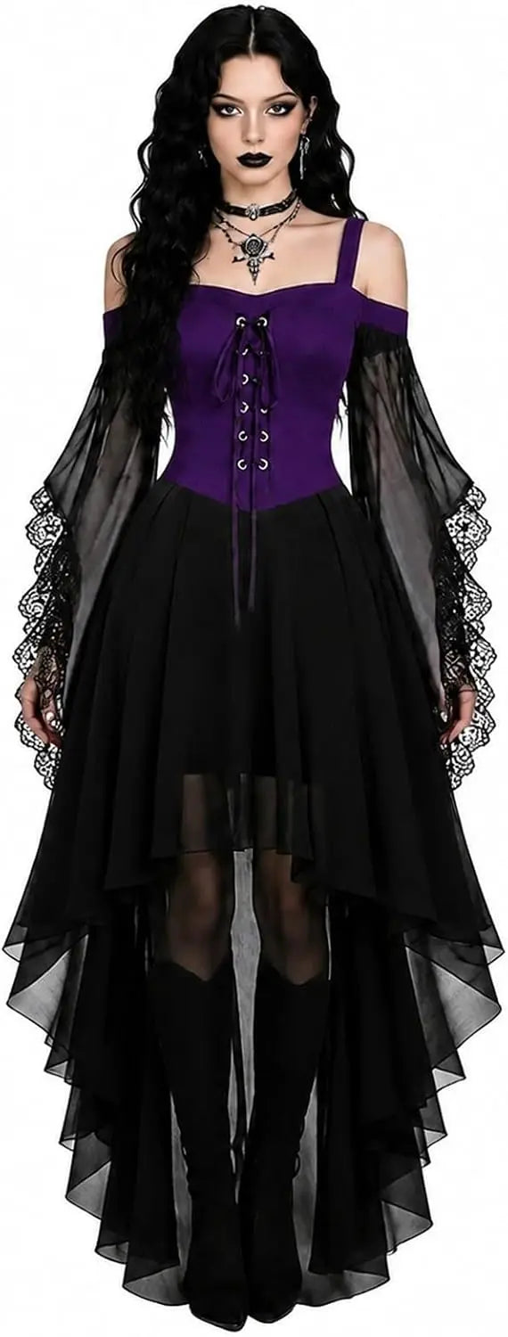 Dark Cross Witch Dress, Halloween Goth Mesh Sleeves Costume Dress, Plus Sizes