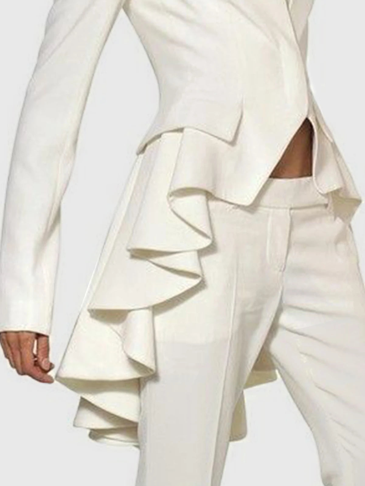 Women's Avant Garde Long Ruffle Tail White Blazer, Catwalk Collection