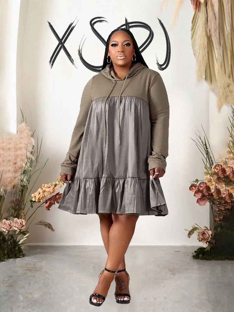 Plus-Size Preppy Hooded Casual Loose-Waist Dress