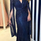 Elegant Sequin Evening Dress, V-Neck Cloak Sleeves