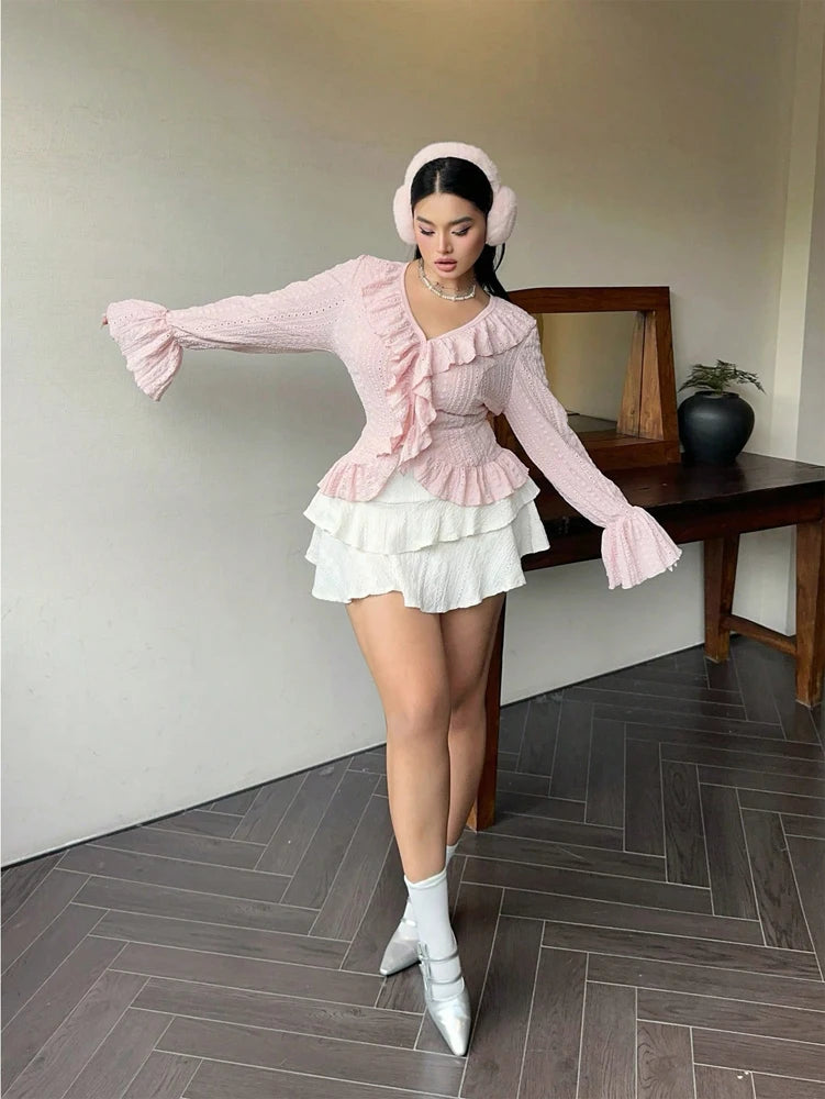 Vireous Elegant French Ruffle Flared-Sleeve Blouse, Plus Sizes