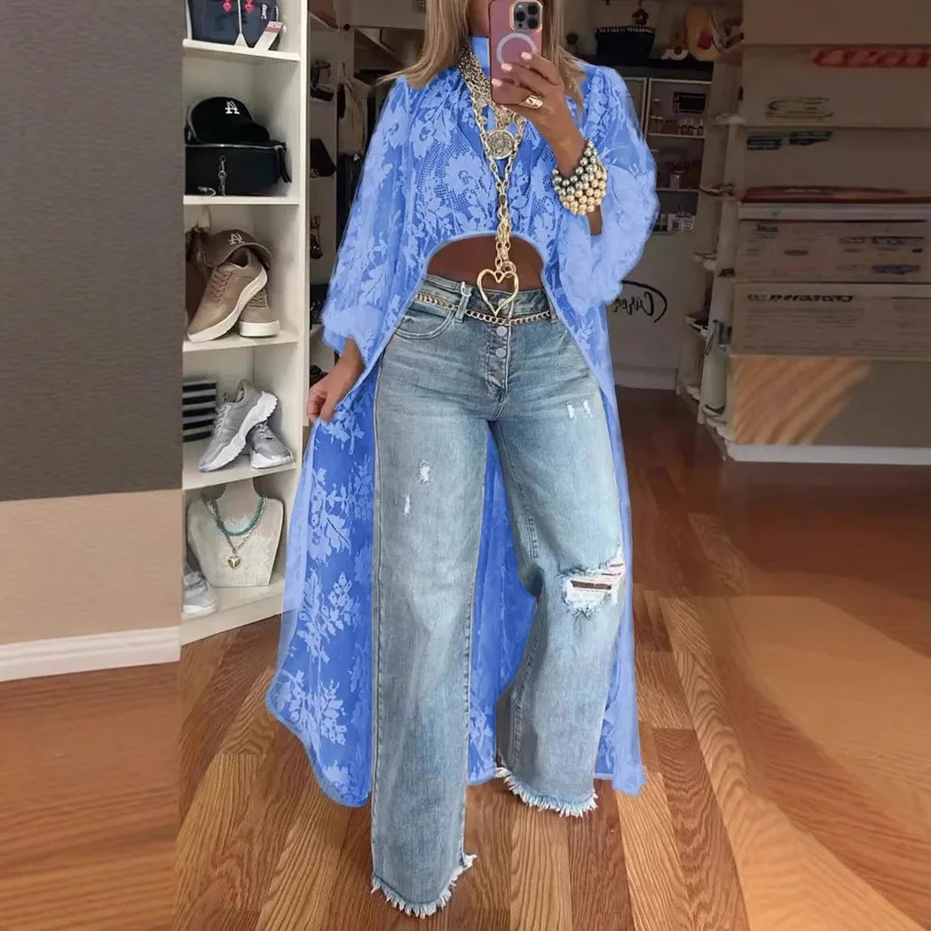 Vireous Lace Floral Extra-Long Shirt Top, High Neck Overwear