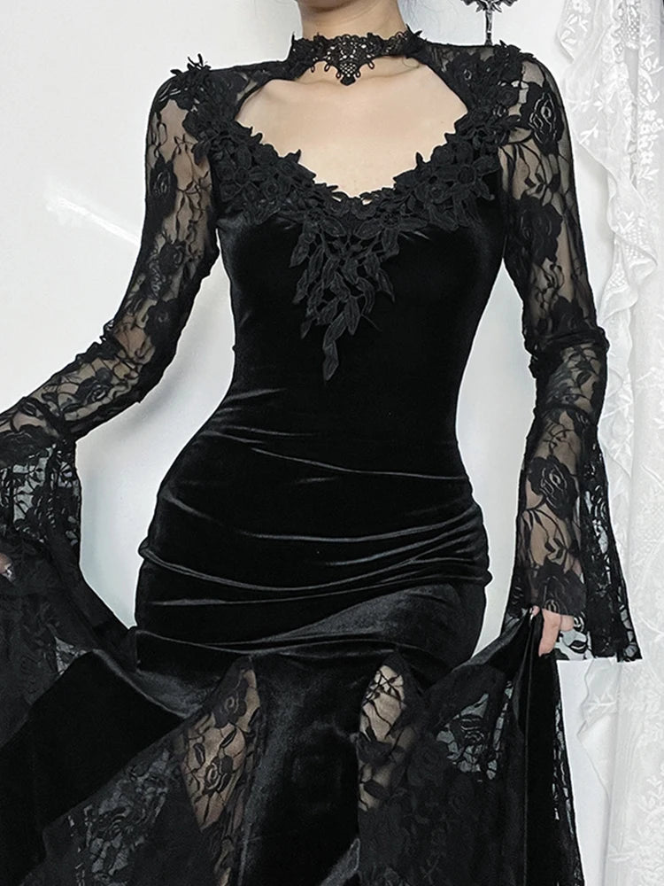 AltGoth Romantic Goth Aesthetic Flare-Sleeve Clubwear Dress