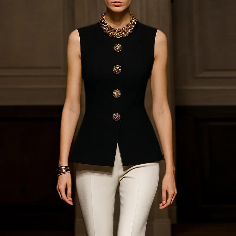 Women's Black Elegant Summer Sleeveless Tailored Tunic Top