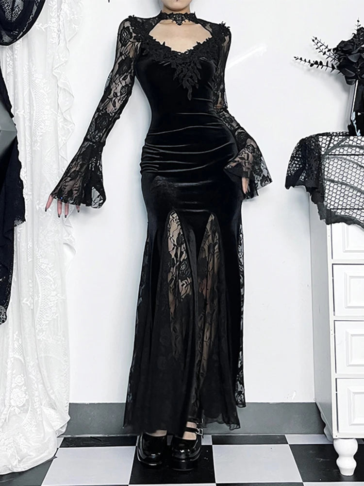 AltGoth Romantic Goth Aesthetic Flare-Sleeve Clubwear Dress