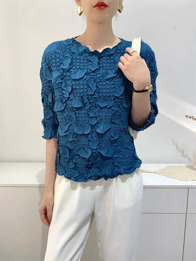 Miyake Embroidered Hand-Pleated Women's Round-Neck Top