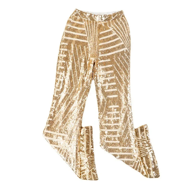 Vireous Women's Sparkling Sequin Slacks, Loose Mid-Waist Trousers