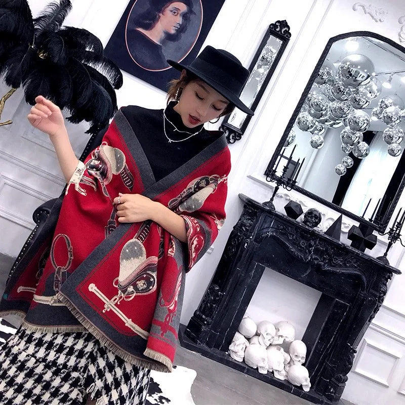 Extra-Large Cashmere Scarf, Equestrian-Print Blanket Wrap, Pashmina