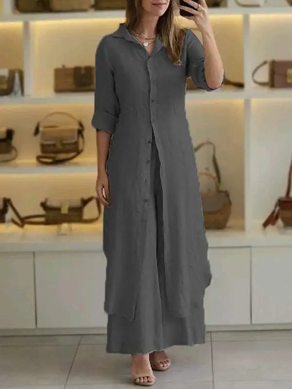 Elegant Lapel Single-Breasted Long Shirt and Wide-Leg Pants Suit