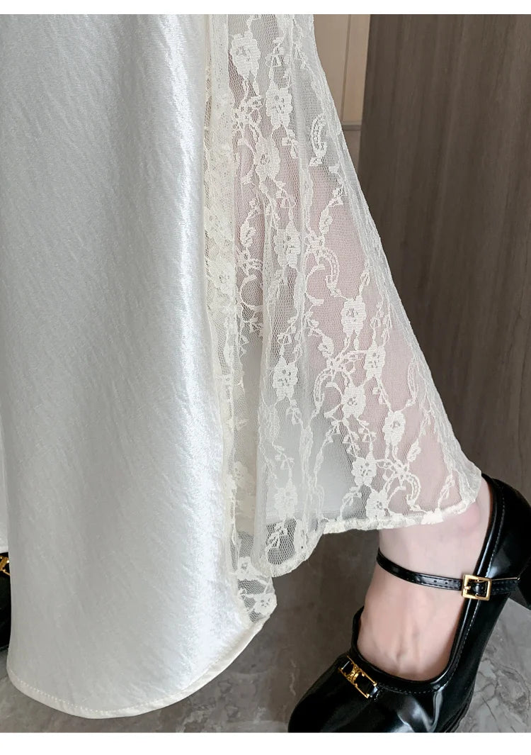 Vireous Satin Women's Long Skirt, Side Lace Patchwork