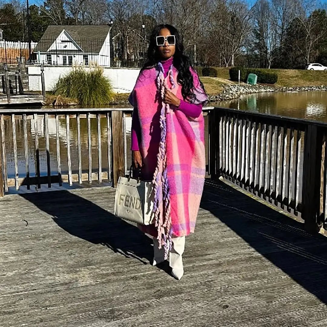 Pink Fashion Open-Front Fuzzy Long Cardigan, Plus Sizes