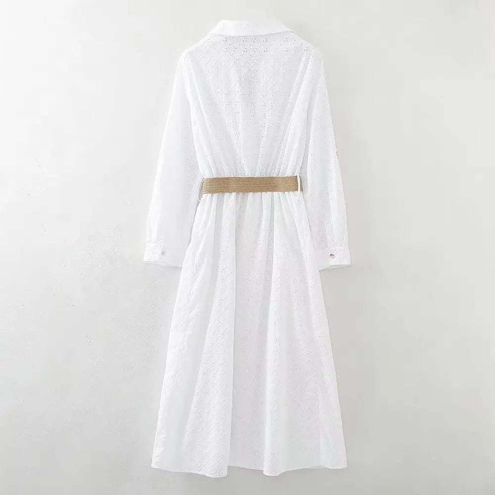 Vireous French Country-Style Pure Cotton White Midi Dress