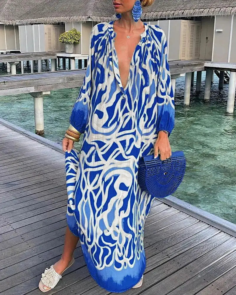 Summer Casual Fashion Print Loose Maxi Dress, Psychedelic Colours