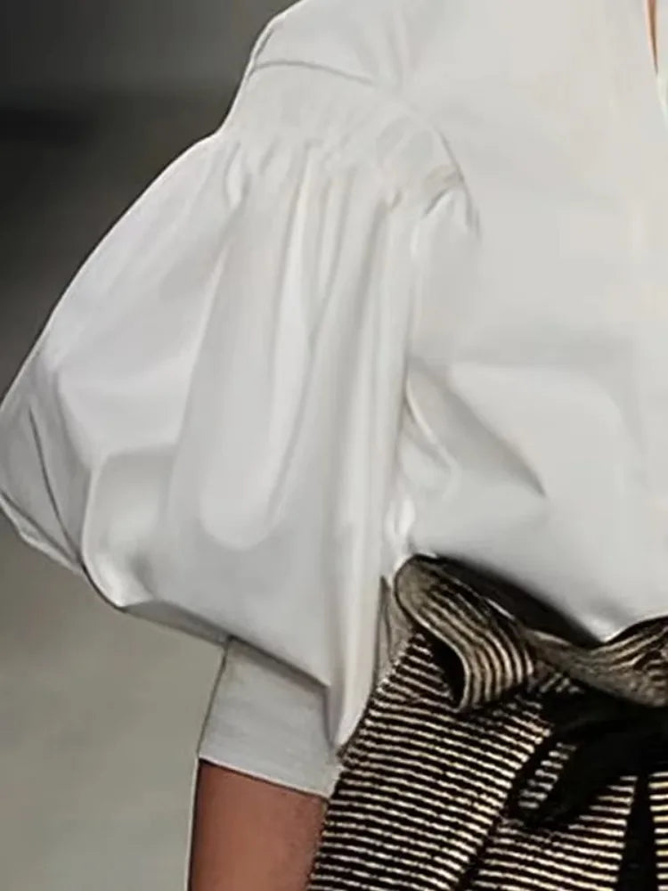 Avant Garde Women's Buttoned Dress Shirt, Round Neck Puff Sleeves
