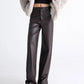Women's Faux Leather Loose Wide-Leg Warm Lined Trousers